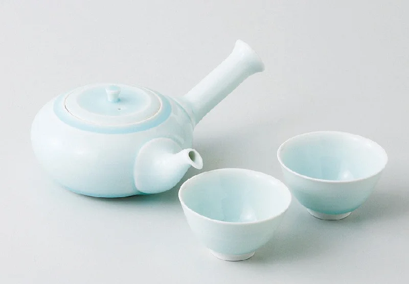 large custom coffee mugs for events-Saikai Ceramics: Hasamiyaki Blue Porcelain Kyusu Set - Tea Pot + Two Tea Cups