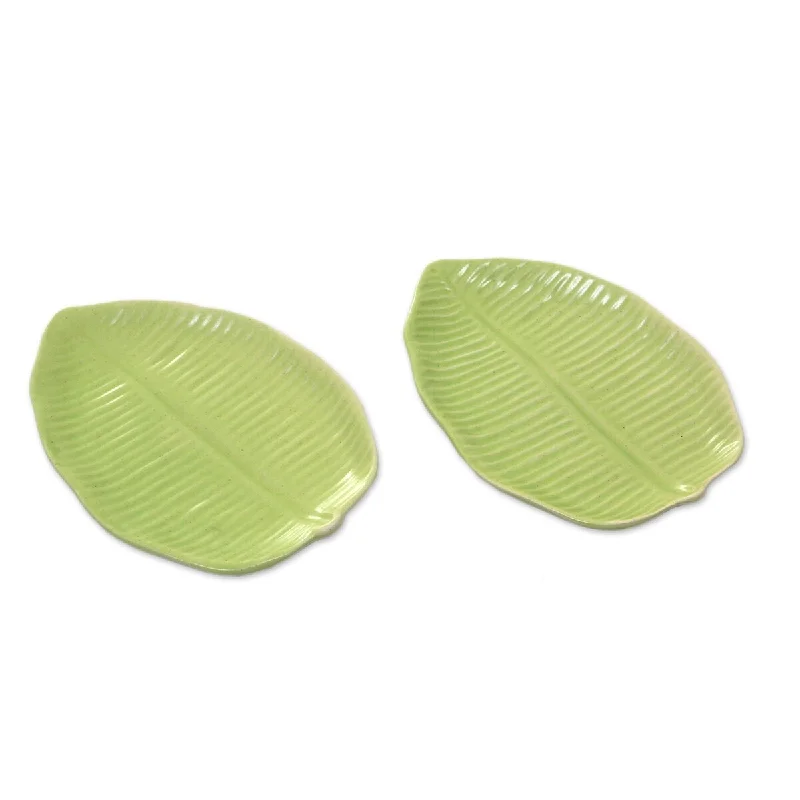 vegan dinnerware set-NOVICA Handmade Jungle Banana Leaf Ceramic Canape Plates (Pair)