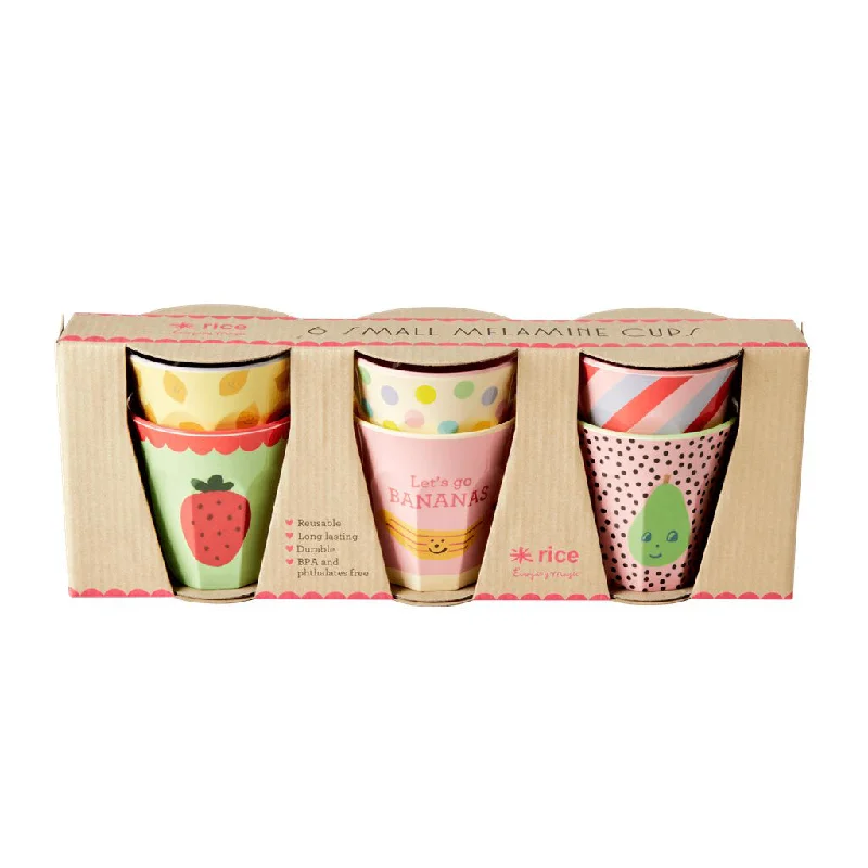 eco-friendly coffee mugs with handles-Rice DK Melamine Kids Cups with Assorted Happy Fruits Prints - Small - 6 pcs in Giftbox