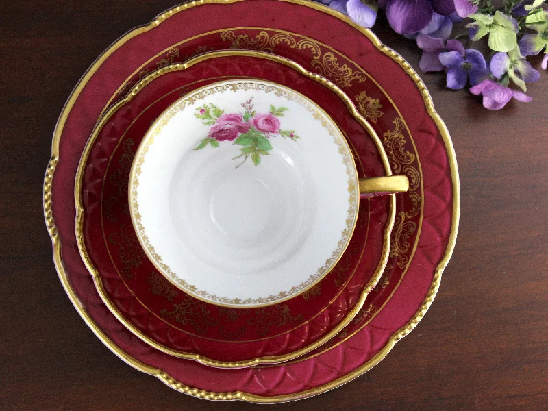 insulated mugs for hot tea-Mitterteich Trio, Footed Teacup & Saucer, Burgundy Bavaria Germany 18459