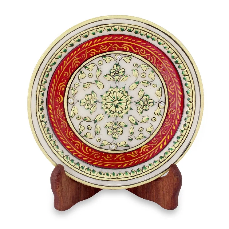 farm-to-table dinnerware set-Novica Handmade Golden Floral Symmetry Marble Plate