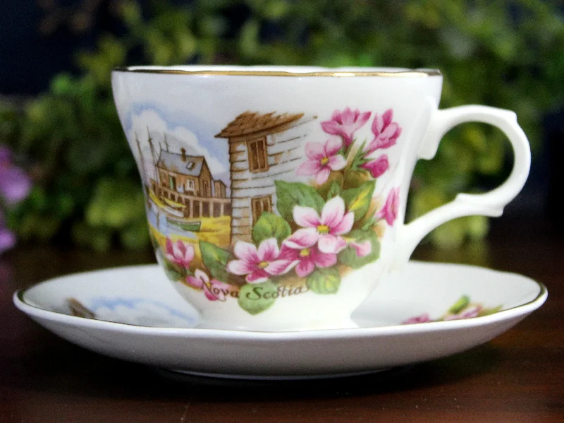 best travel mugs for cold drinks-Crown Trent Teacup & Saucer, "Nova Scotia" Tea Cup, Made in England -K24