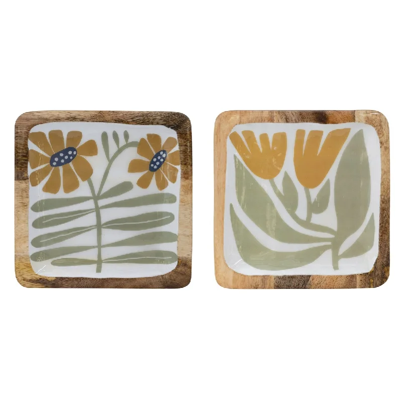 dishwasher safe dinnerware set-Enameled Mango Wood Plate with Flowers - 8.0"L x 8.0"W x 1.0"H