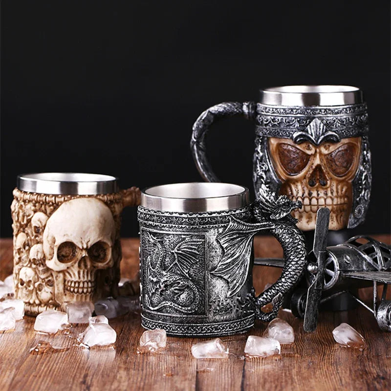 large tea mugs for relaxing-Retro Dragon Resin Stainless Steel Beer Mug Skull Knight Tankard Halloween Coffee Cup Creative Viking Tea Mug Pub Bar Decoration