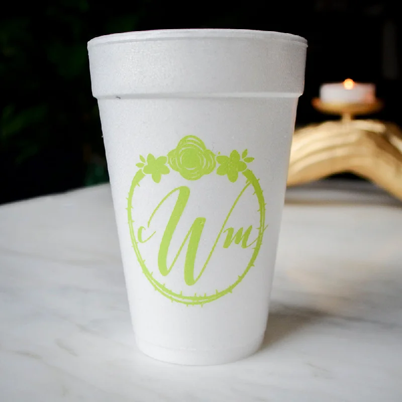 large custom mugs for special events-Custom Floral Wreath Monogram Styrofoam Cups