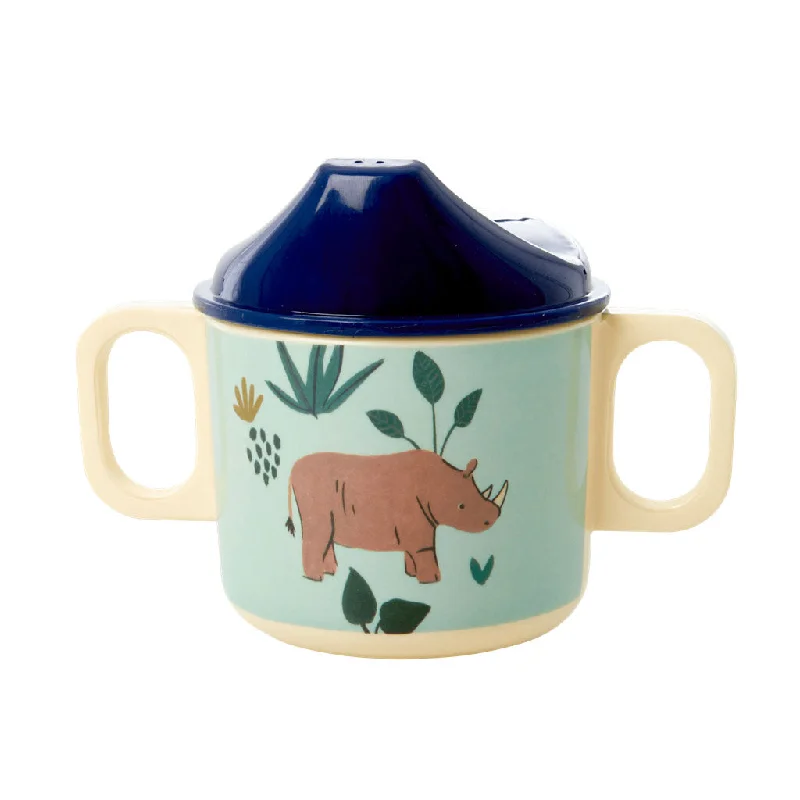 unique travel mugs for work-Rice DK Melamine 2 Handle Baby Cup with Blue Jungle Animals Print