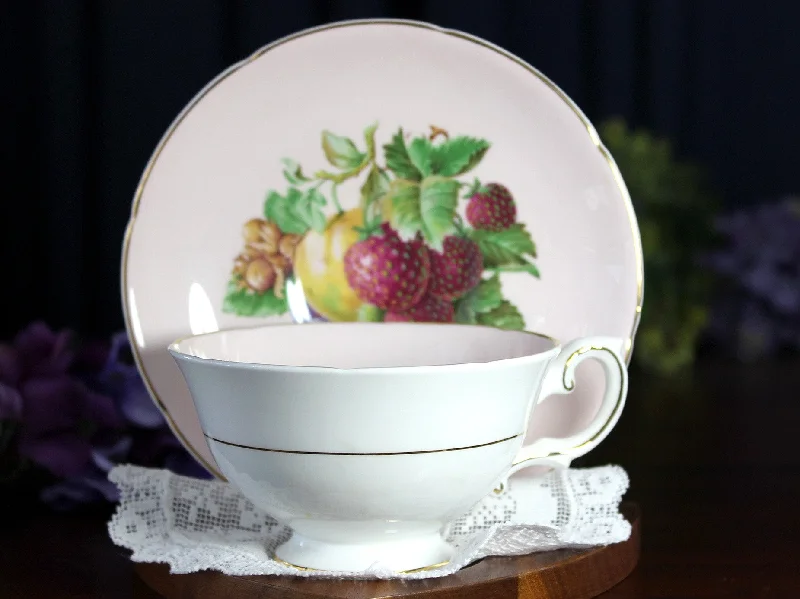 stylish coffee mugs with vintage designs-Royal Grafton Tea Cup & Saucer, Wide Mouth, Pink Base, Fruit Motif  18438