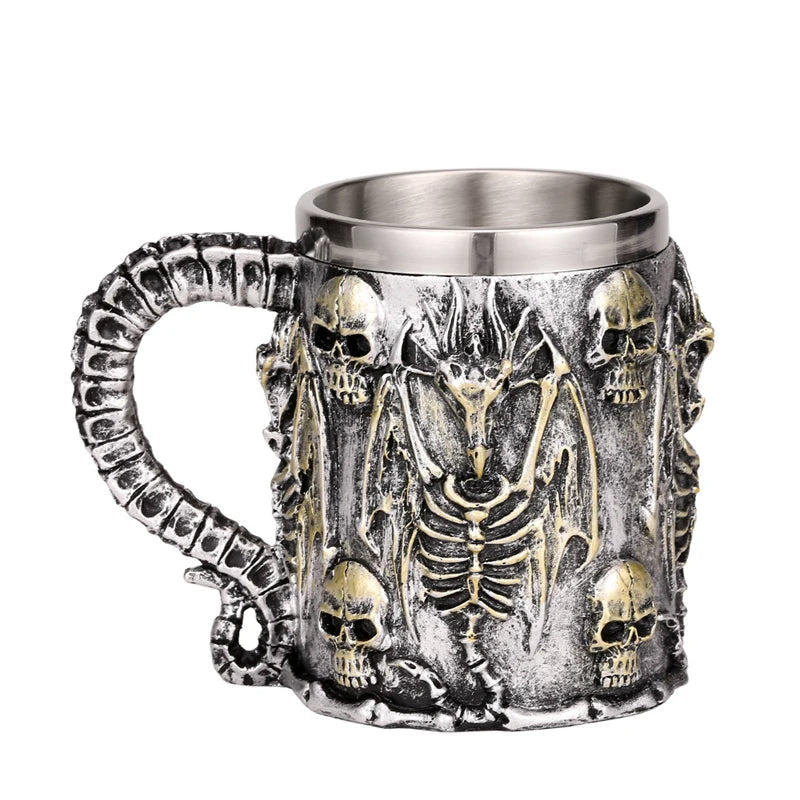 best coffee cups with funny designs-Silver Skull Dragon Resin Stainless Steel Beer Mug 450ml Coffee Cup Retro Tankard Creative Viking Tea Mug Pub Bar Decoration