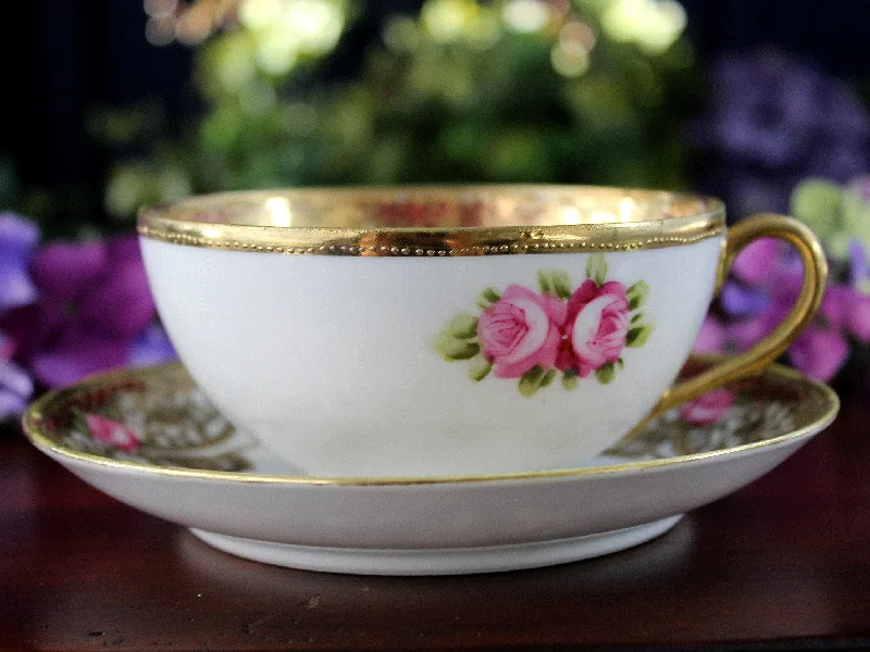 colorful travel mugs for work-Antique Nippon Cup & Saucer, Moriage Rosebuds, Golden Swags 18469