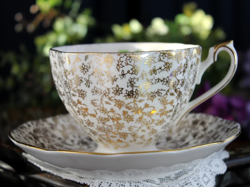 stylish mugs for outdoor adventures-Chintz Tea Cup & Saucer, Gilt Chintz Teacup, English Bone China 15440