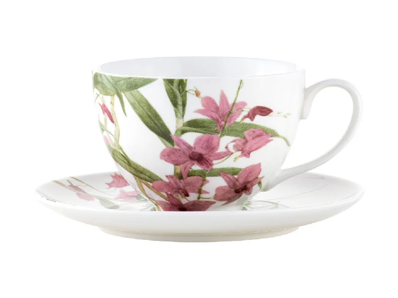 cute travel mugs for hot beverages-Maxwell & Williams Royal Botanic Gardens Australian Orchids Cup & Saucer 240ML Pink Gift Boxed