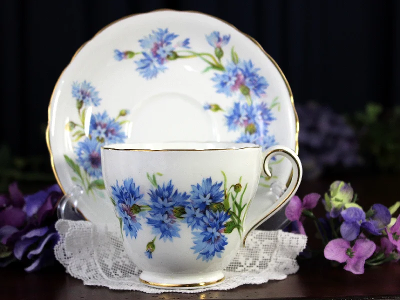 unique coffee mugs for kitchen decor-Adderley Teacup & Saucer, Cornflower Tea Cup, Made in England 18466