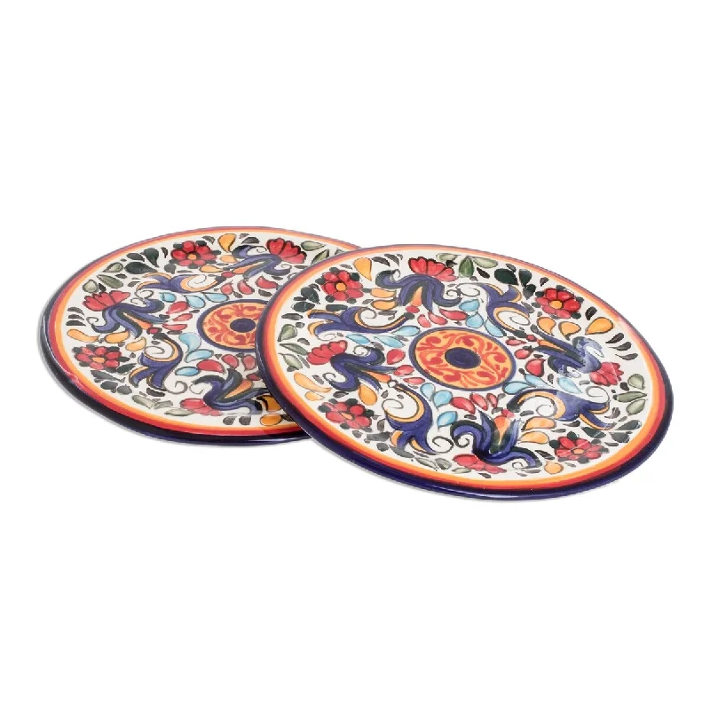 elegant blue dinnerware set-Novica Handmade Vibrant Garden Ceramic Salad Plates (Pair)