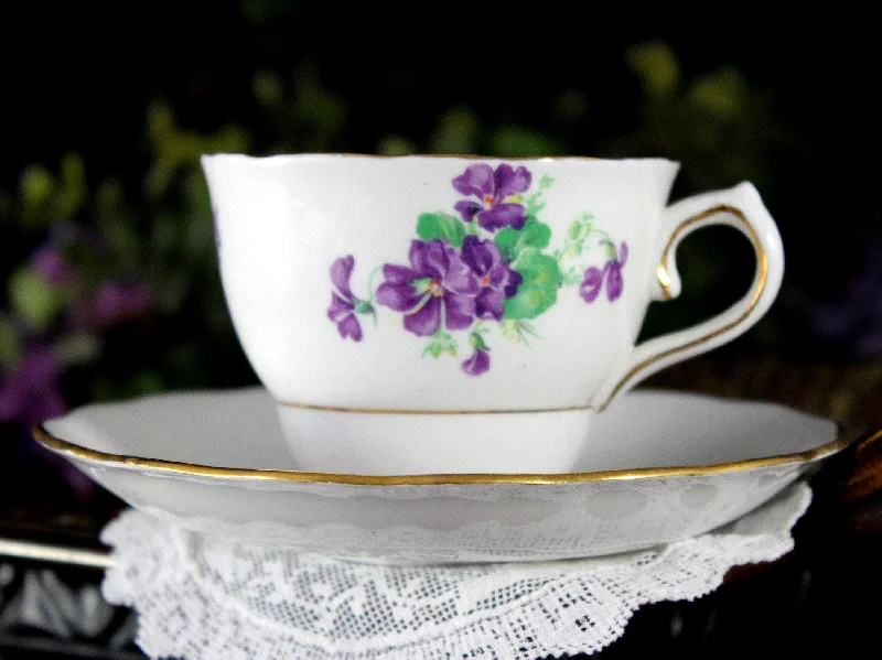 best insulated mugs for camping-Teacup & Saucer, Colclough Cup, Violets,  English China 18428