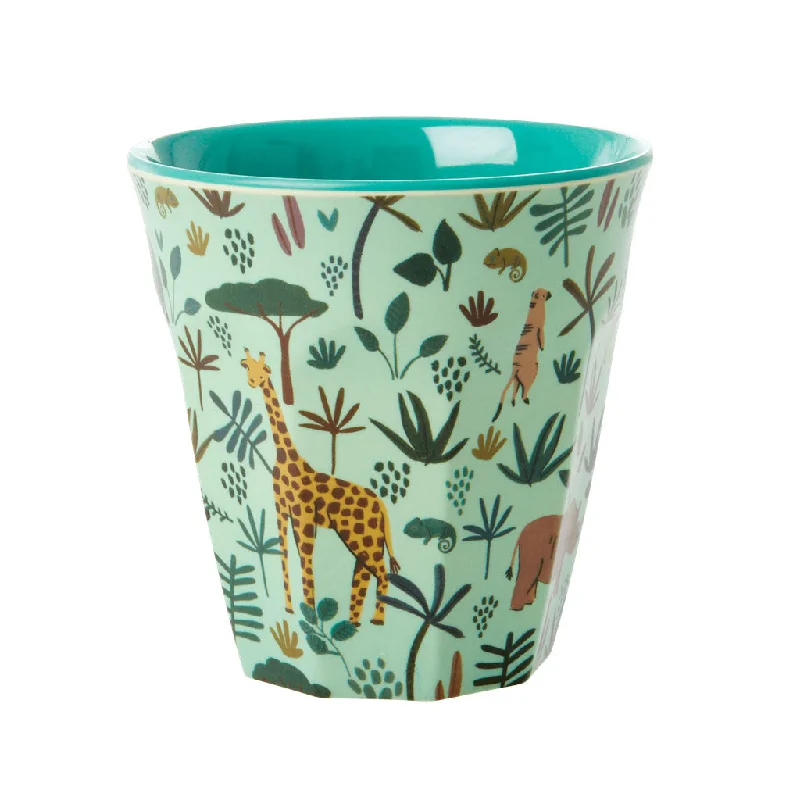 eco-friendly coffee mugs for home-Rice DK Melamine Cups with Green All Over Jungle Animals Print - Two Tone - Medium