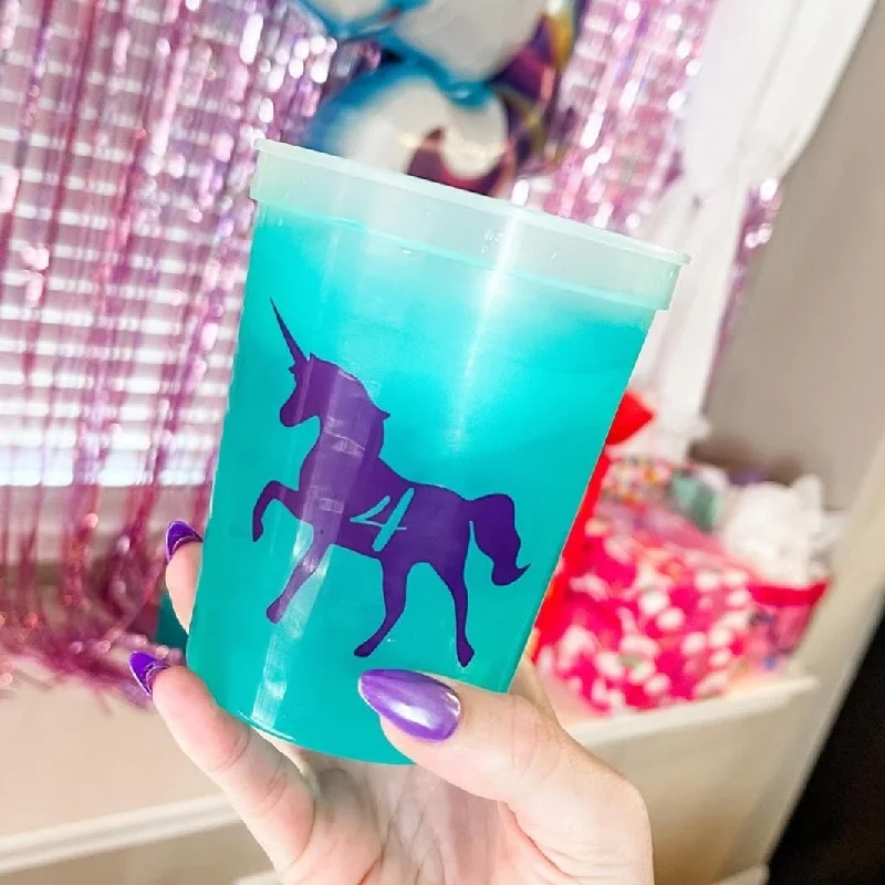 large travel mugs with lids-Unicorn 4th Birthday Party Color Changing Cups