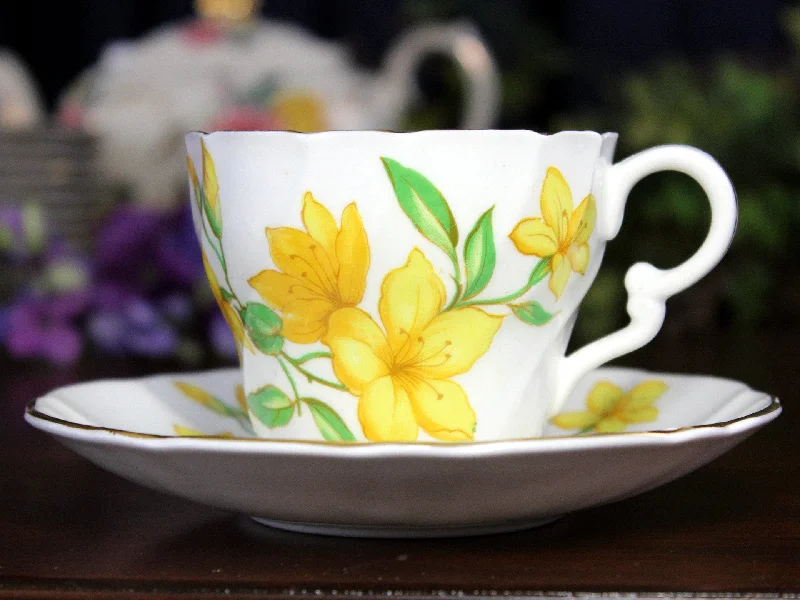 fun mugs for birthday parties-Teacup & Saucer, Stanley Bone China Floral Tea Cup, Yellow Floral 18430