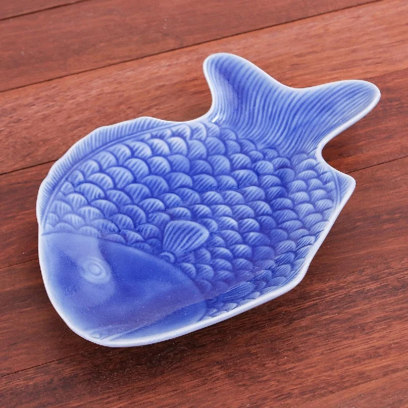 rustic wedding dinner plates-Novica Handmade Mae Ping Fish In Blue Celadon Ceramic Serving Plate