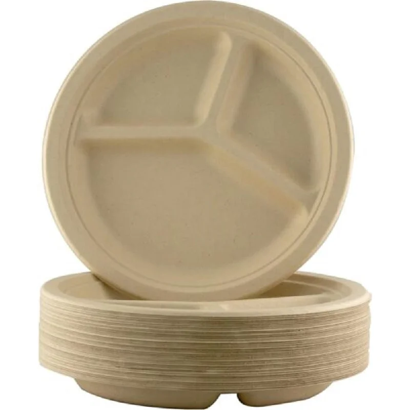 sustainable dinner plates-BAGASSE 3 COMPARTMENT PLATE-10 INCH ROUND NATURAL-CARTON OF 500PCS