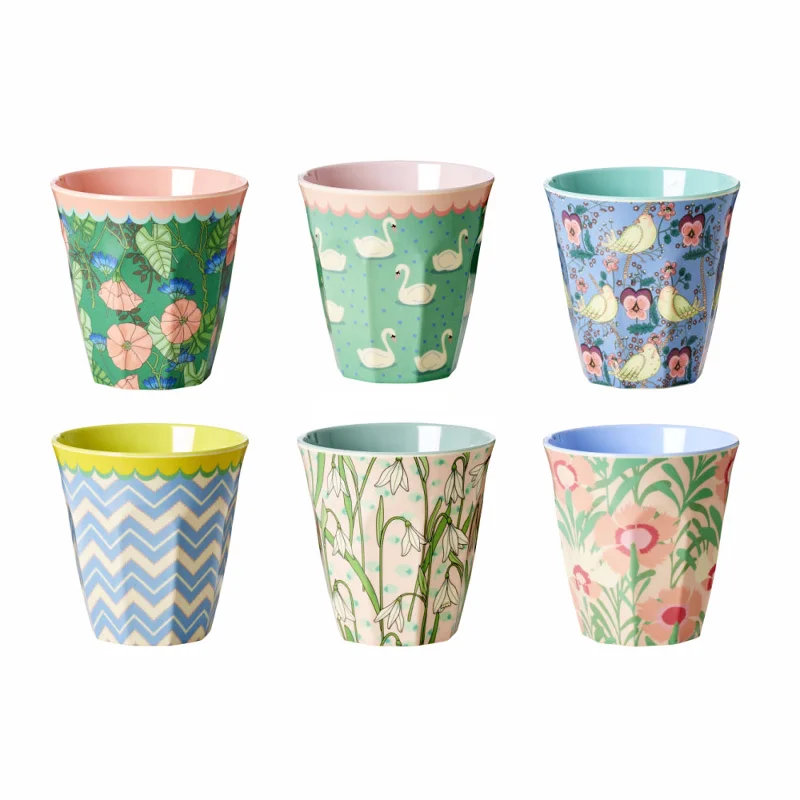 colorful mugs for kids with designs-Rice DK 6 Two Tone Melamine Cups Assorted Shine Prints Small