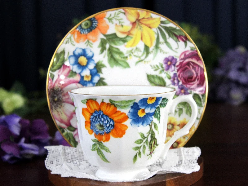 colorful custom mugs for events-Crown Trent, Mixed Florals, Tea Cup & Saucer, Chintz Vintage Teacup 18445