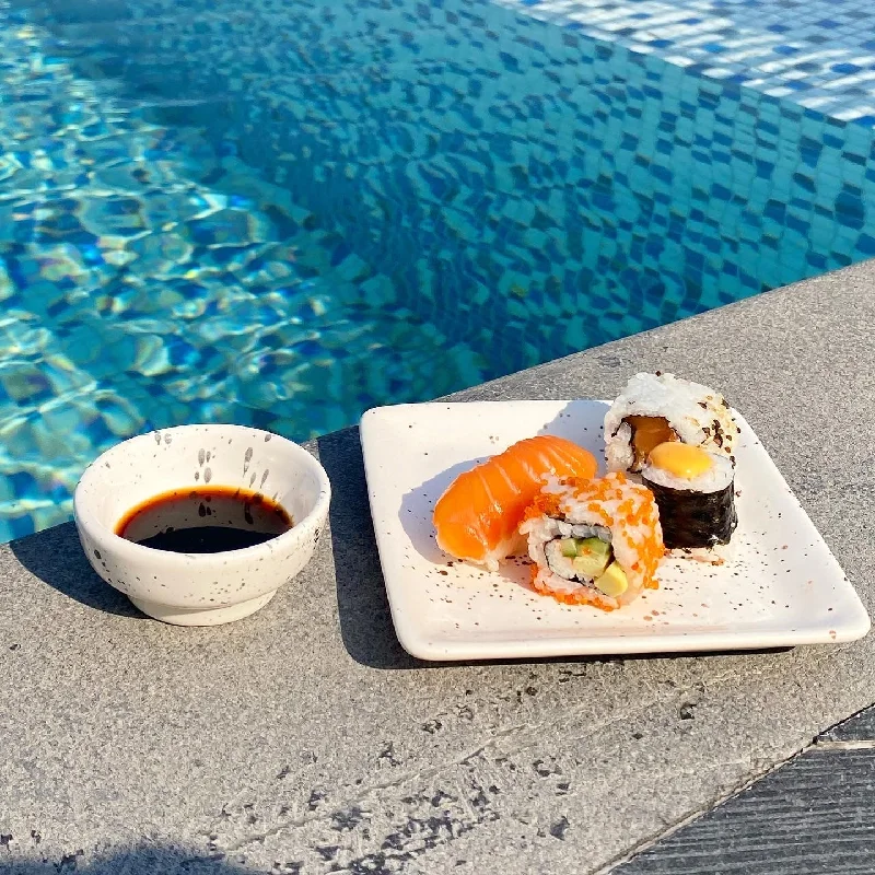 plastic plates for outdoor dining-Small sushi plate with dip pot in Corfu White