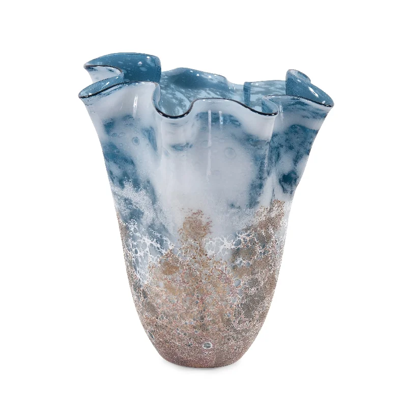 Unique ceramic vases for centerpieces -Allan Andrews Handmade Blue & Beige Seaside Decorative Ruffled Glass Vase