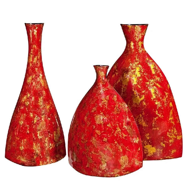 Handcrafted glass flower vases for wedding -Bright Red and Gold Ceramic Vase Set