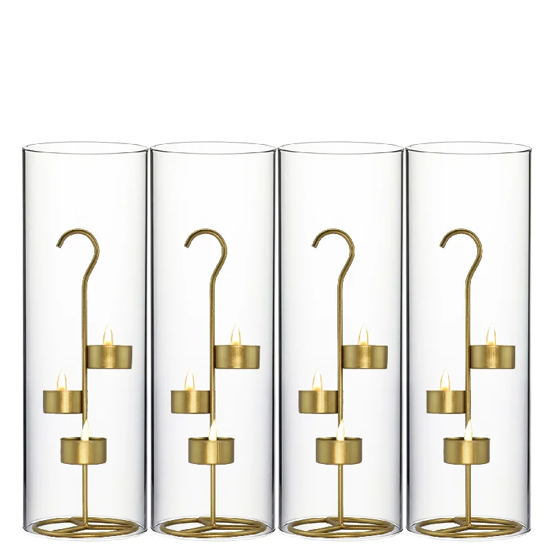 Modern vases for kitchen flower displays -Pack of 12 Sets - Metal Gold Tea Light Stand H-11.75" D-4.25" with 14" Hurricanes Tubes