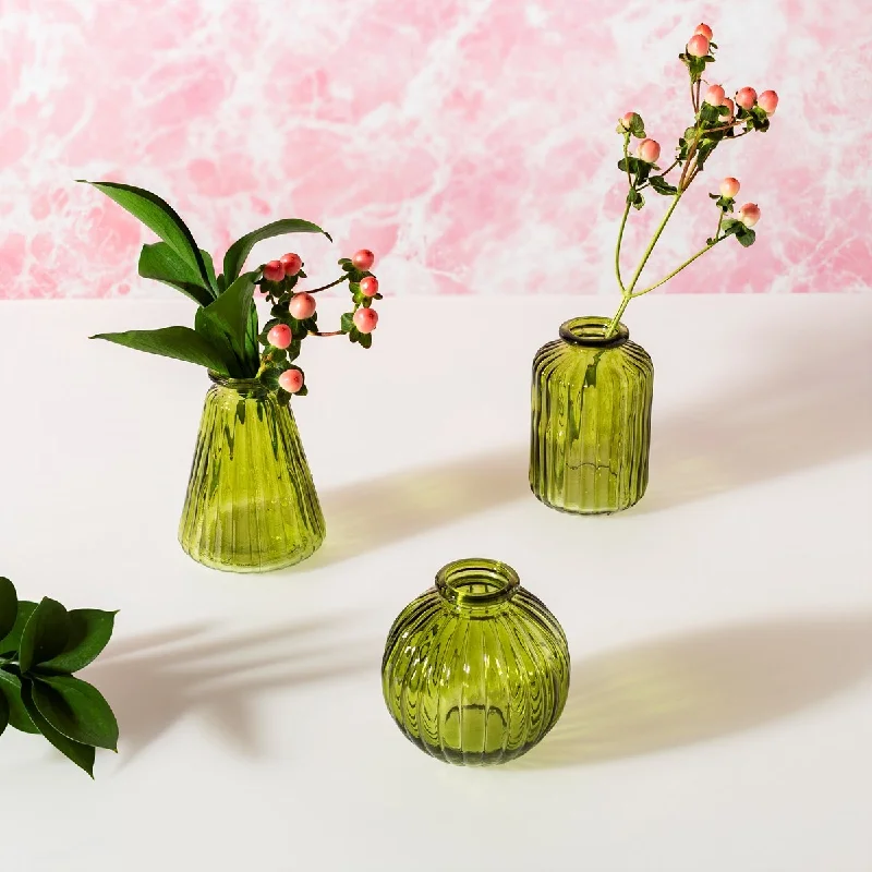 Crystal glass vases for wedding table decor -Set Of 3 Glass Bud Vases - Olive Green