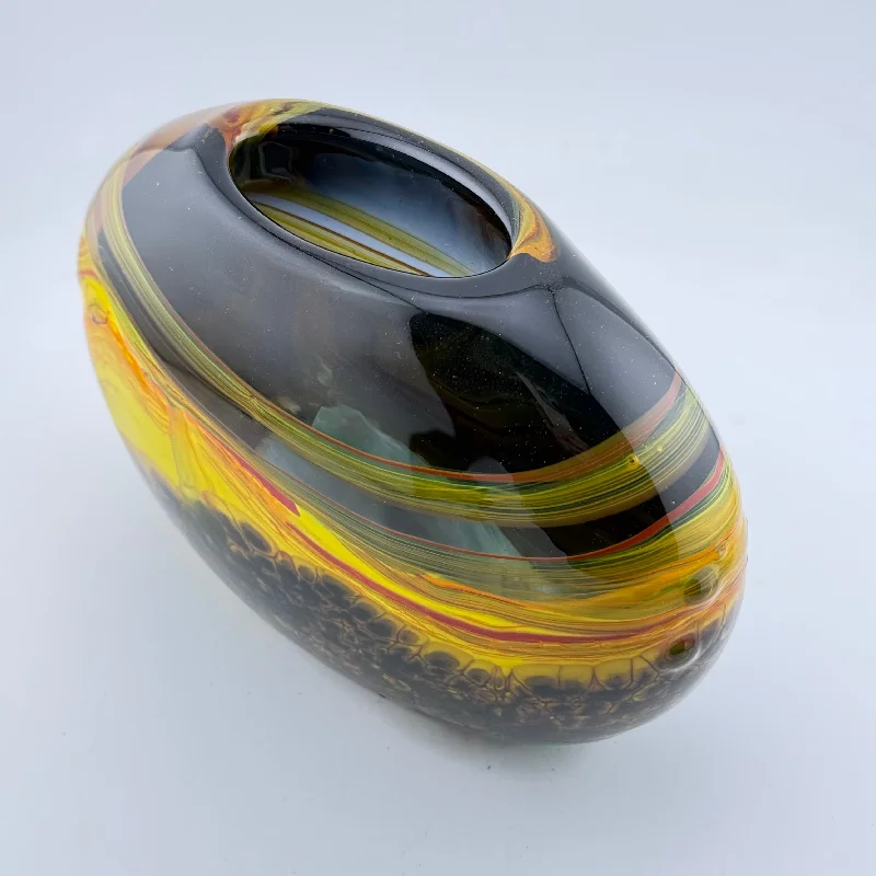 Handmade glass flower vases for wedding decor -“Fire” Yellow, Red and Black Oval Vase (second)