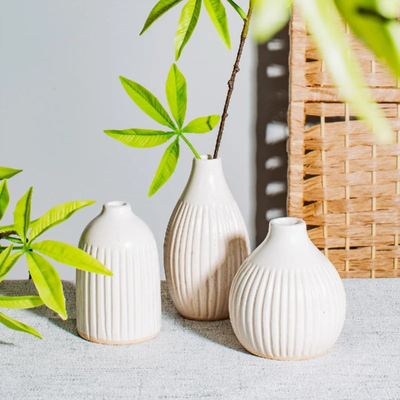 Ceramic flower vases for floral centerpieces -White Grooved Bud Vases - Set Of 3