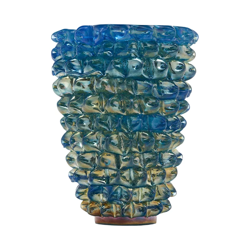 Unique crystal vases for home floral decor -Iridescent Blue Murano Glass Rostrate Vase