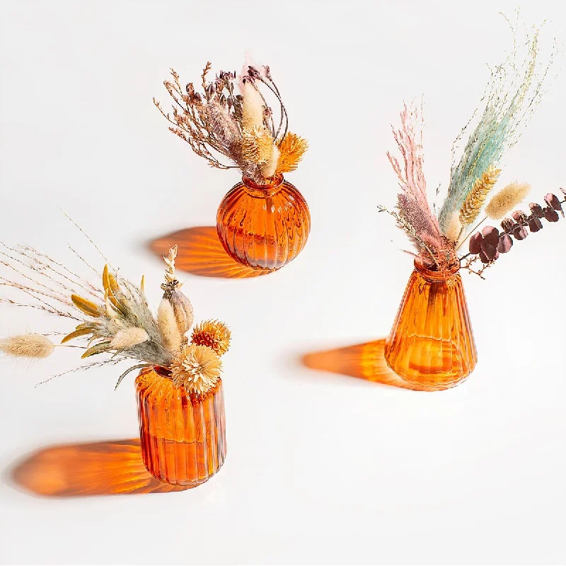 Tall handmade crystal vases for flower displays -Set Of 3 Glass Bud Vases - Amber/Orange