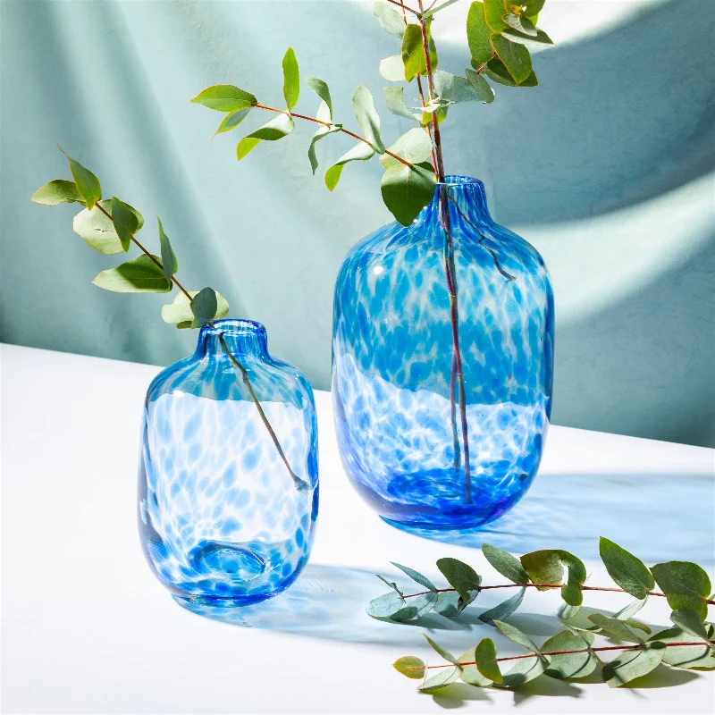 Unique modern flower vases for weddings -Small Blue Speckled Glass Vase