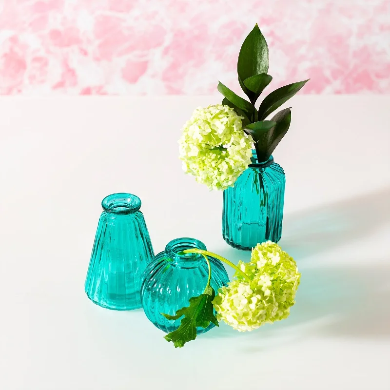 Unique handmade glass vases for flower displays -Turquoise Glass Bud Vases - Set Of 3