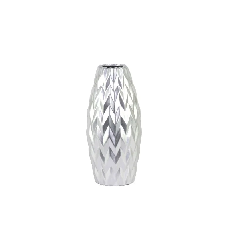 Designer flower vases for contemporary homes -UTC21444: Ceramic Rounded Bellied Vase with Round Lip and Embossed Wave Design SM Matte Finish Silver