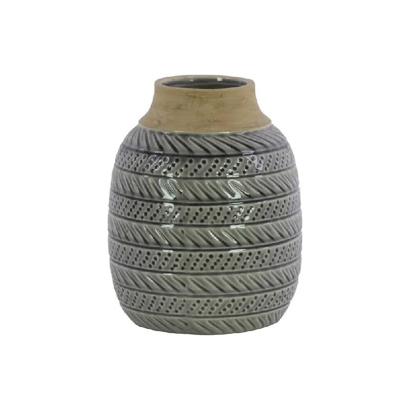 Glass flower vases for table arrangements -UTC50158: Ceramic Round Vase with Gloss Tan Banded Rim Mouth and Neck, and Embossed Parallel Design Body LG Gloss Finish Gray