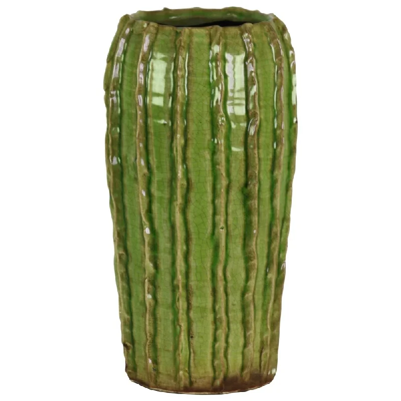 Large handmade flower vases for decoration -UTC51609: Ceramic Tall Round Vase with Stripes Patter Design Body and Tapered Bottom LG Gloss Finish Green