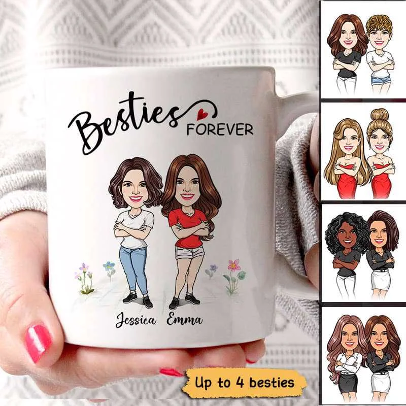 large ceramic tea mugs for home-Besties Forever Cartoon Caricature Best Friend Personalized Mug