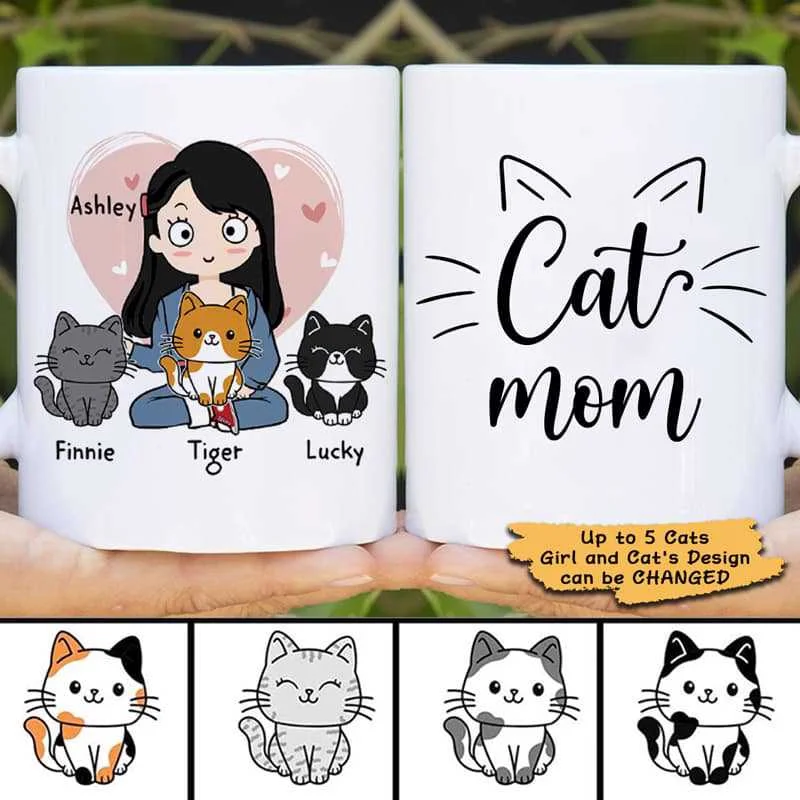 trendy coffee cups for college students-Cat Mom Chibi And Sitting Cat Personalized Coffee Mug