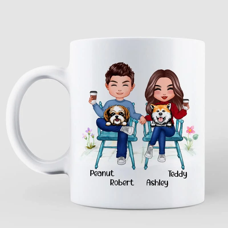 custom engraved mugs for gifts-Couple And Dogs Sitting Personalized Mug