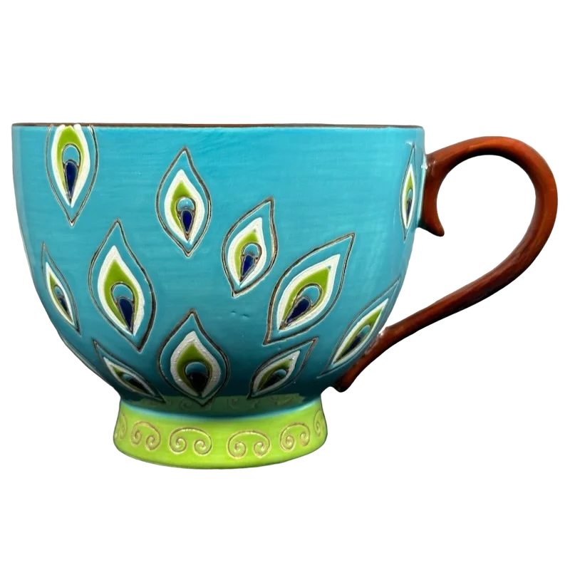 high-quality coffee mugs for housewarming-Peacock Feathers Hand Painted Pedestal Mug Pier 1 Imports