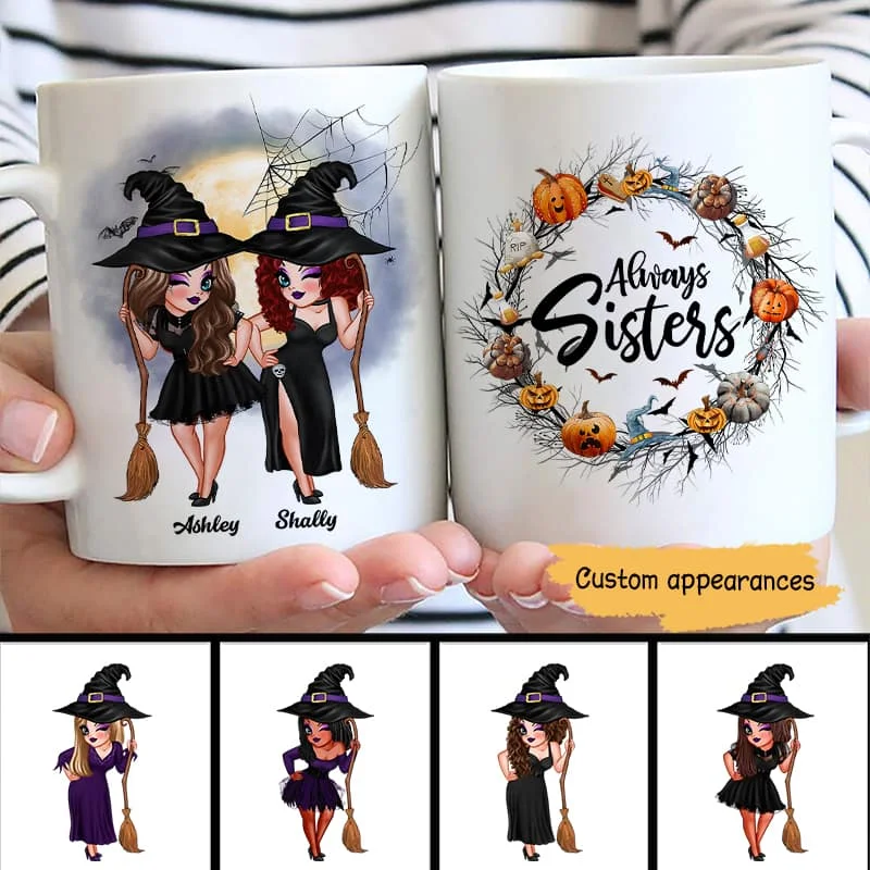 large coffee mugs for special events-Pretty Best Friends Alway Sisters Halloween Wreath Personalized Mug