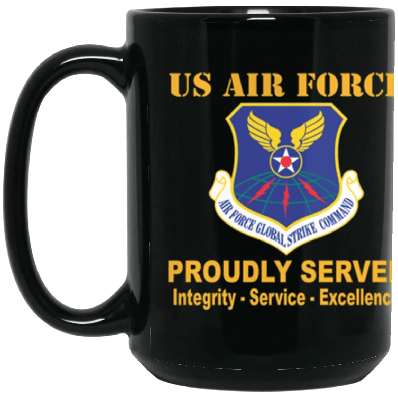 quirky travel mugs for commuters-US Air Force Air Force Global Strike Command Proudly Served Core Values 15 oz. Black Mug