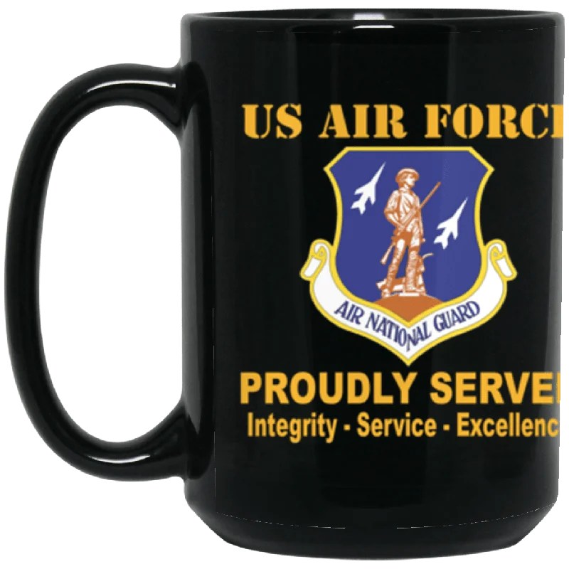 personalized tea mugs for families-US Air Force Air National Guard Proudly Served Core Values 15 oz. Black Mug