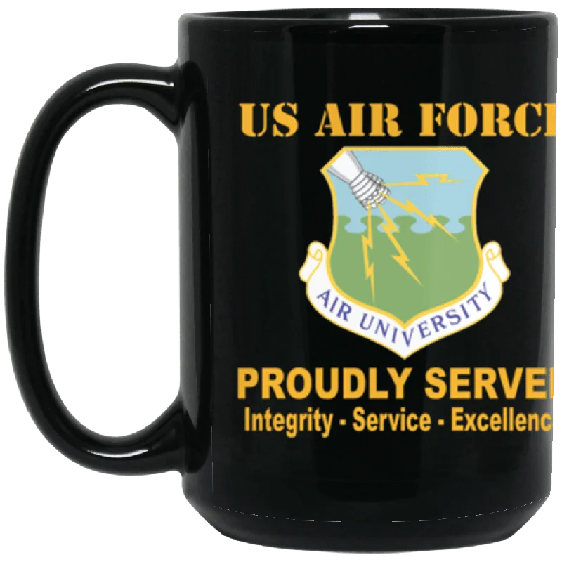 large travel mugs with lids-US Air Force Air University Proudly Served Core Values 15 oz. Black Mug