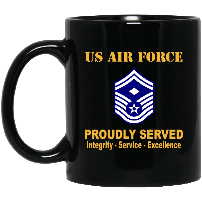 best mugs for office celebrations-US Air Force E-8 First sergeant E-8 Rank Proudly Served Black Mug 11 oz - 15 oz