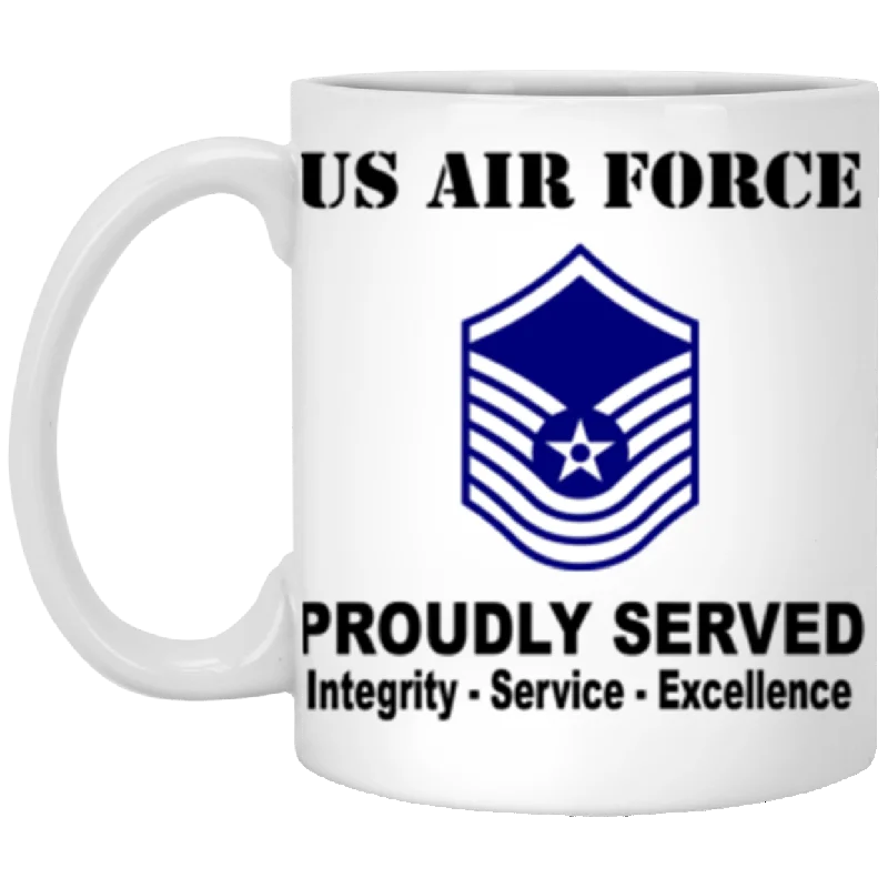 eco-friendly travel mugs with lids-US Air Force E-8 Old Style Rank Proudly Served Core Values 11 oz. White Mug