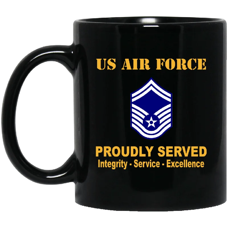 funny coffee mugs for work celebrations-US Air Force E-8 Senior Master Sergeant SMSgt E8 Noncommissioned Officer AF Rank Proudly Served Black Mug 11 oz - 15 oz